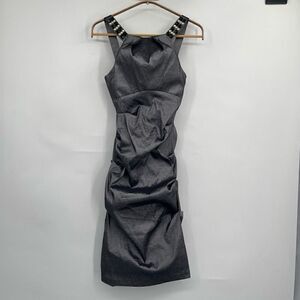 Juno Dress Collection Charcoal Gray Shiny Ruched Pleated Cocktail Dress Small
